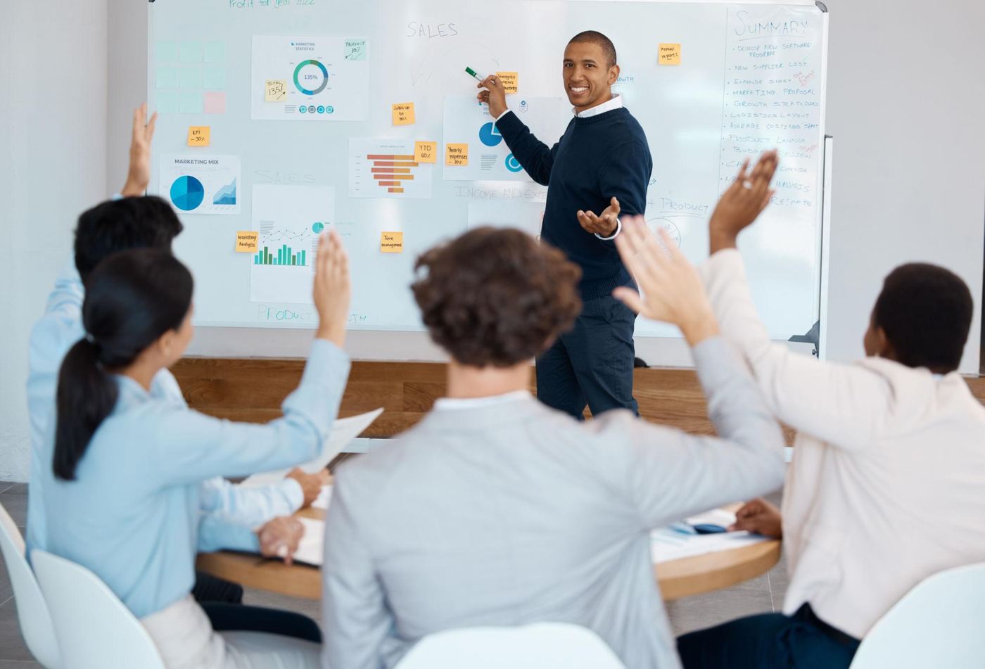 Participants raising hands during an interactive whiteboard session