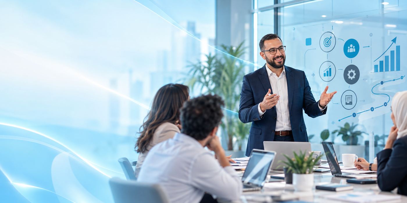 Facilitator leading a corporate training session with growth visuals