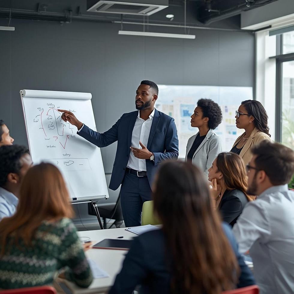 Trainer explaining a model on a flipchart to a group